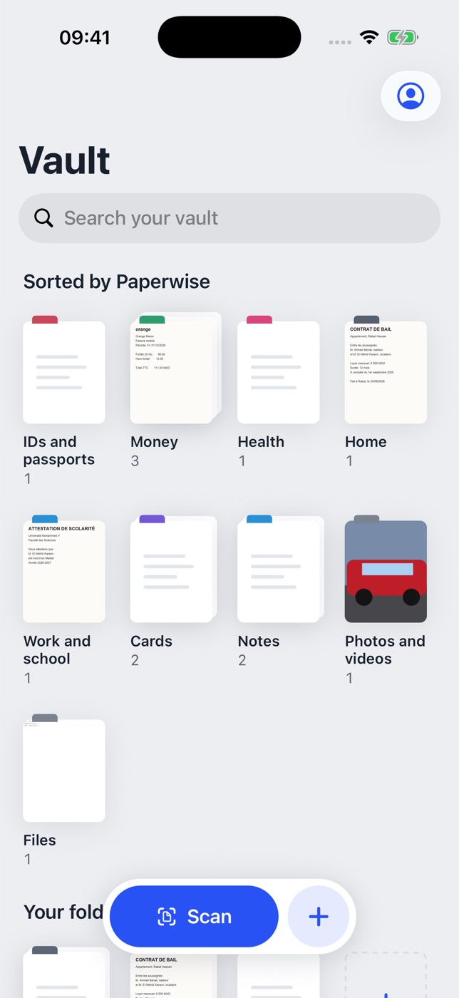 The Vault in Paperwise: a search field, then the shelves sorted by Paperwise (IDs and passports, Money, Health, Home, Work and school, Cards, Notes, Photos and videos, Files) with counts, and the Scan and + buttons at the bottom.