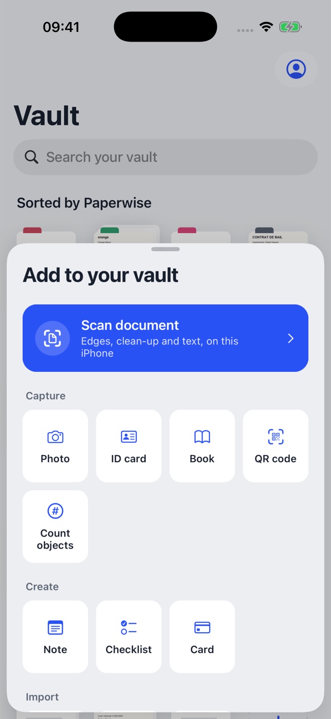 The Add to your vault sheet: a large Scan document button, then Capture tiles (Photo, ID card, Book, QR code, Count objects) and Create tiles (Note, Checklist, Card).