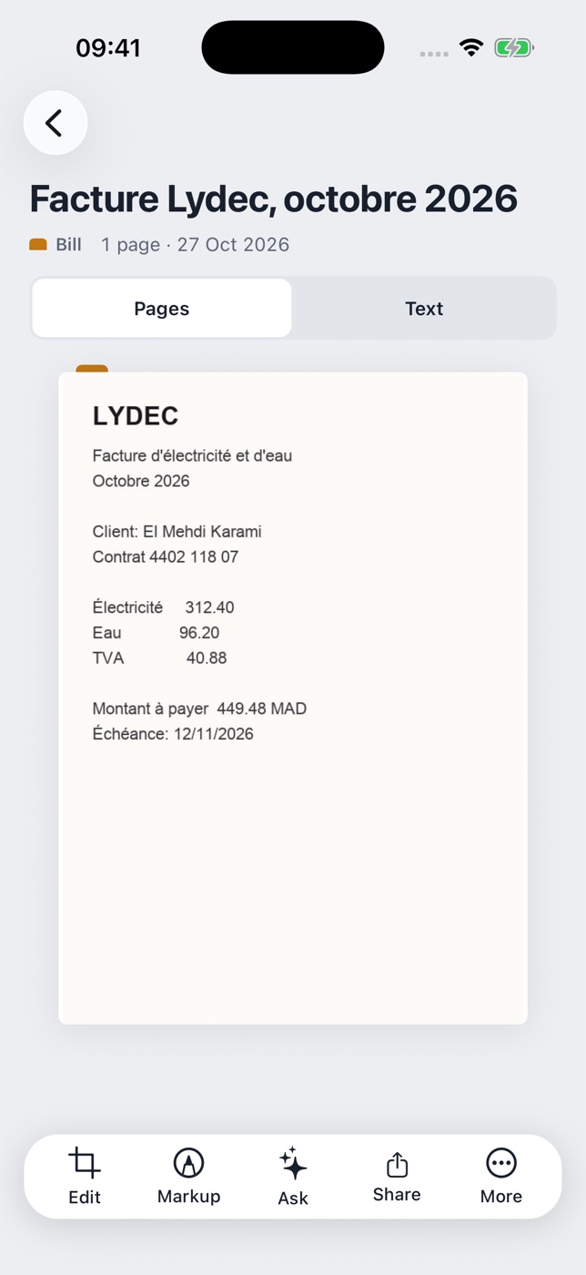 A Lydec bill open in Paperwise, with Pages and Text tabs and a toolbar: Edit, Markup, Ask, Share, More.
