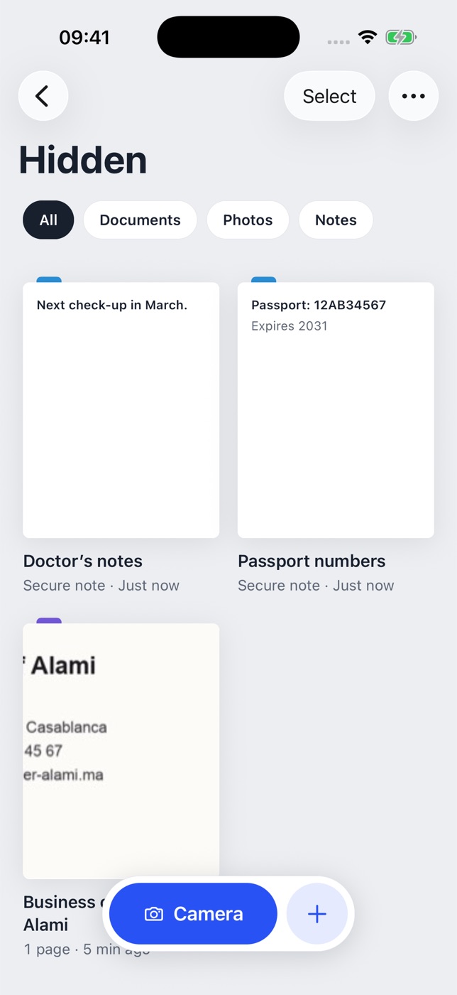 Inside Hidden: filters for All, Documents, Photos and Notes, secure notes and a business card, with Camera and + buttons.