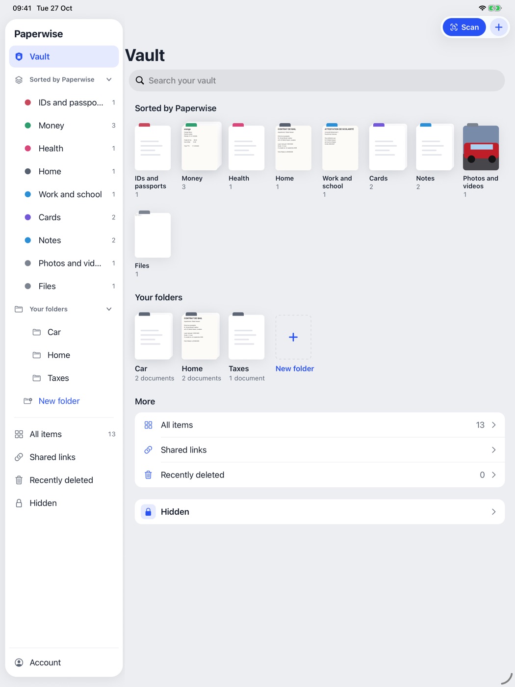 Paperwise on iPad: a sidebar with Vault, shelves, folders, All items, Shared links, Recently deleted and Hidden, next to the vault’s contents.